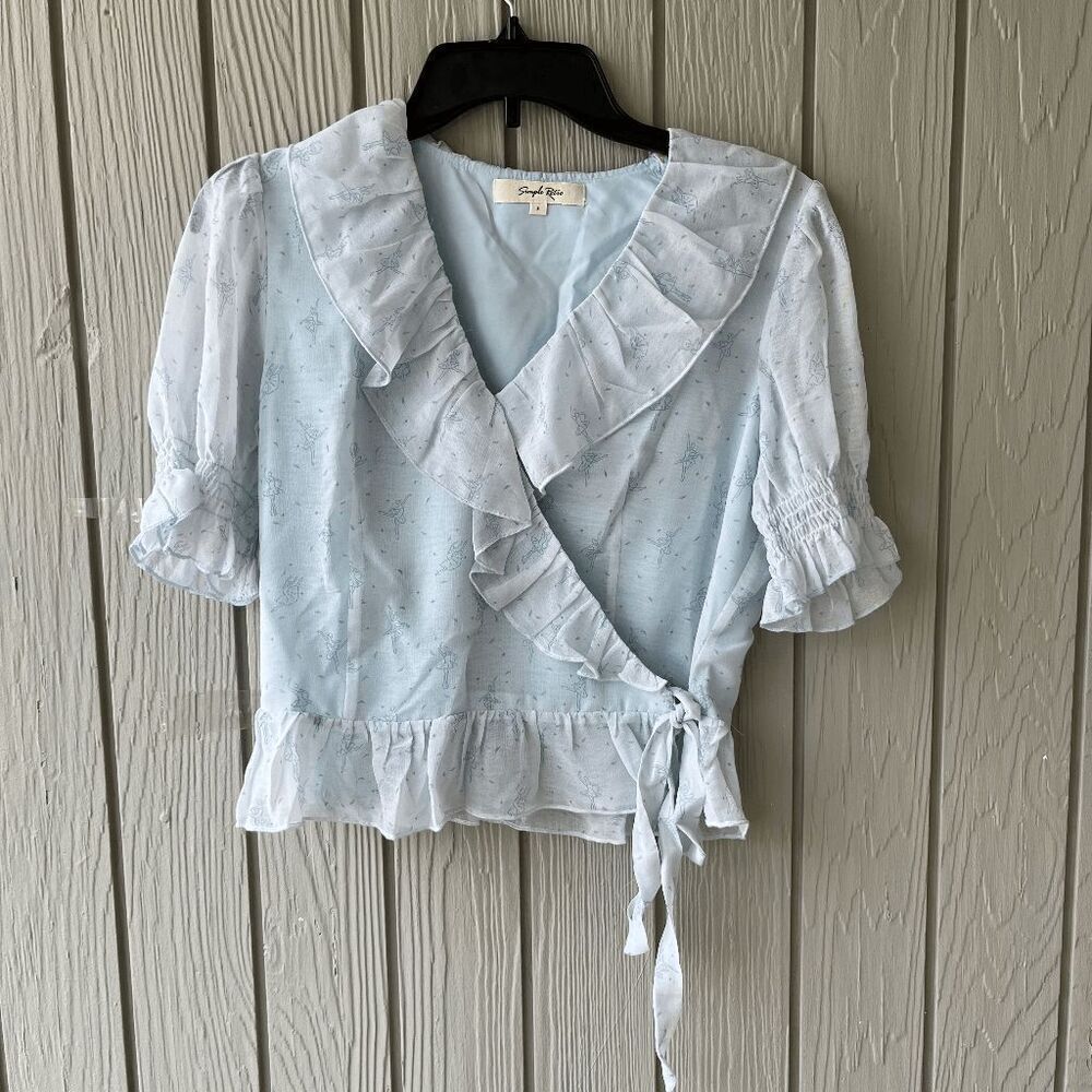 Simple Retro Ballet Wrap Top – Blue Ruffle Blouse with Lining – Size Small - Picture 6 of 10